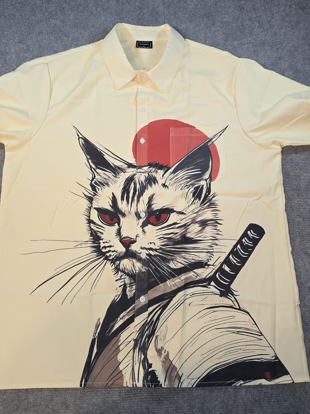 GOOFYDADDY Samurai Cat Shirt Men’s L Japanese Anime Warrior Graphic Button Down
